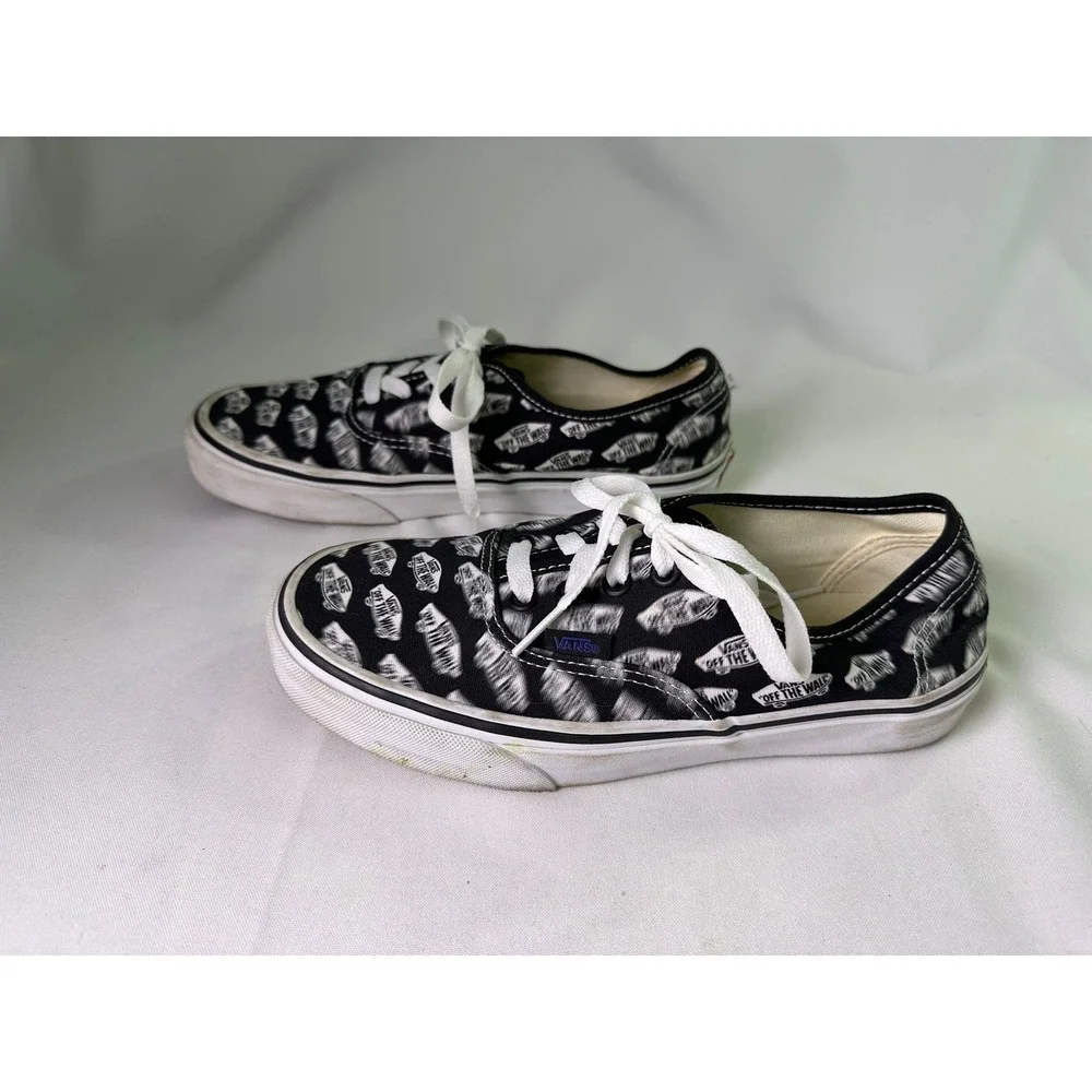 Vans Authentic Blurred Logo Black White Low Top Skate Shoes Mens 6 Womens 7.5‎